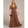 imageEverPretty Womens Chiffon ALine Ruched Short Sleeves Applique Waist V Neck Formal Dresses and Evening GownsBrown