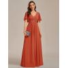 imageEverPretty Womens Chiffon ALine Ruched Short Sleeves Applique Waist V Neck Formal Dresses and Evening GownsBurnt Orange
