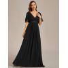 imageEverPretty Womens Chiffon ALine Ruched Short Sleeves Applique Waist V Neck Formal Dresses and Evening GownsCblack