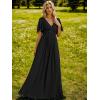 imageEverPretty Womens Chiffon ALine Ruched Short Sleeves Applique Waist V Neck Formal Dresses and Evening GownsCblack
