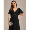 imageEverPretty Womens Chiffon ALine Ruched Short Sleeves Applique Waist V Neck Formal Dresses and Evening GownsCblack
