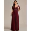 imageEverPretty Womens Chiffon ALine Ruched Short Sleeves Applique Waist V Neck Formal Dresses and Evening GownsCburgundy