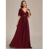 imageEverPretty Womens Chiffon ALine Ruched Short Sleeves Applique Waist V Neck Formal Dresses and Evening GownsCburgundy