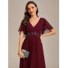 imageEverPretty Womens Chiffon ALine Ruched Short Sleeves Applique Waist V Neck Formal Dresses and Evening GownsCburgundy