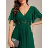 imageEverPretty Womens Chiffon ALine Ruched Short Sleeves Applique Waist V Neck Formal Dresses and Evening GownsCdeep Green