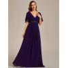 imageEverPretty Womens Chiffon ALine Ruched Short Sleeves Applique Waist V Neck Formal Dresses and Evening GownsCdeep Purple