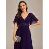 imageEverPretty Womens Chiffon ALine Ruched Short Sleeves Applique Waist V Neck Formal Dresses and Evening GownsCdeep Purple