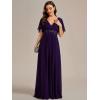 imageEverPretty Womens Chiffon ALine Ruched Short Sleeves Applique Waist V Neck Formal Dresses and Evening GownsCdeep Purple