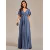 imageEverPretty Womens Chiffon ALine Ruched Short Sleeves Applique Waist V Neck Formal Dresses and Evening GownsCdusty Blue