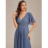 imageEverPretty Womens Chiffon ALine Ruched Short Sleeves Applique Waist V Neck Formal Dresses and Evening GownsCdusty Blue