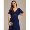 imageEverPretty Womens Chiffon ALine Ruched Short Sleeves Applique Waist V Neck Formal Dresses and Evening GownsCnavy Blue