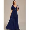 imageEverPretty Womens Chiffon ALine Ruched Short Sleeves Applique Waist V Neck Formal Dresses and Evening GownsCnavy Blue