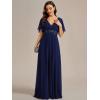 imageEverPretty Womens Chiffon ALine Ruched Short Sleeves Applique Waist V Neck Formal Dresses and Evening GownsCnavy Blue