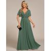 imageEverPretty Womens Chiffon ALine Ruched Short Sleeves Applique Waist V Neck Formal Dresses and Evening GownsEucalyptus Green
