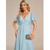 imageEverPretty Womens Chiffon ALine Ruched Short Sleeves Applique Waist V Neck Formal Dresses and Evening GownsSky Blue
