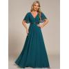 imageEverPretty Womens Chiffon ALine Ruched Short Sleeves Applique Waist V Neck Formal Dresses and Evening GownsTeal