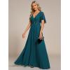 imageEverPretty Womens Chiffon ALine Ruched Short Sleeves Applique Waist V Neck Formal Dresses and Evening GownsTeal