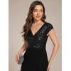 imageEverPretty Womens Elegant V Neck Sequin Short Sleeve HiLo Tea Length Evening Gowns 02325Black
