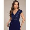 imageEverPretty Womens Elegant V Neck Sequin Short Sleeve HiLo Tea Length Evening Gowns 02325Navy Blue