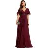 imageEverPretty Womens Chiffon ALine Ruched Short Sleeves Applique Waist V Neck Formal Dresses and Evening GownsCburgundy