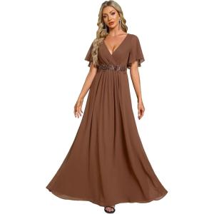 imageEverPretty Womens Chiffon ALine Ruched Short Sleeves Applique Waist V Neck Formal Dresses and Evening GownsBrown