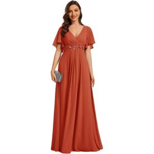 imageEverPretty Womens Chiffon ALine Ruched Short Sleeves Applique Waist V Neck Formal Dresses and Evening GownsBurnt Orange