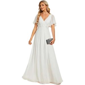 imageEverPretty Womens Chiffon ALine Ruched Short Sleeves Applique Waist V Neck Formal Dresses and Evening GownsCcream