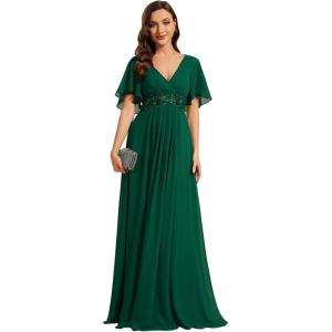 imageEverPretty Womens Chiffon ALine Ruched Short Sleeves Applique Waist V Neck Formal Dresses and Evening GownsCdeep Green