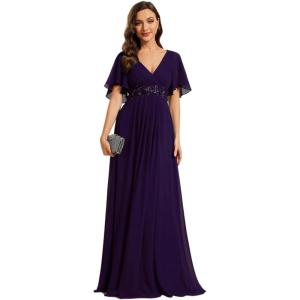 imageEverPretty Womens Chiffon ALine Ruched Short Sleeves Applique Waist V Neck Formal Dresses and Evening GownsCdeep Purple