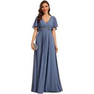 imageEverPretty Womens Chiffon ALine Ruched Short Sleeves Applique Waist V Neck Formal Dresses and Evening GownsCdusty Blue