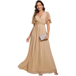 imageEverPretty Womens Chiffon ALine Ruched Short Sleeves Applique Waist V Neck Formal Dresses and Evening GownsChampagne