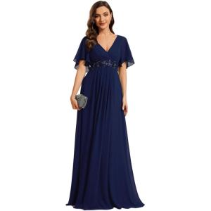 imageEverPretty Womens Chiffon ALine Ruched Short Sleeves Applique Waist V Neck Formal Dresses and Evening GownsCnavy Blue