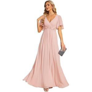 imageEverPretty Womens Chiffon ALine Ruched Short Sleeves Applique Waist V Neck Formal Dresses and Evening GownsCpink