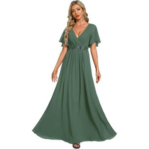 imageEverPretty Womens Chiffon ALine Ruched Short Sleeves Applique Waist V Neck Formal Dresses and Evening GownsEucalyptus Green