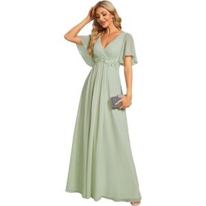 imageEverPretty Womens Chiffon ALine Ruched Short Sleeves Applique Waist V Neck Formal Dresses and Evening GownsMint Green