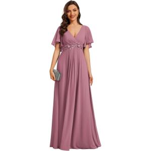 imageEverPretty Womens Chiffon ALine Ruched Short Sleeves Applique Waist V Neck Formal Dresses and Evening GownsOrchid