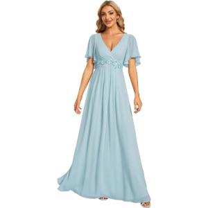imageEverPretty Womens Chiffon ALine Ruched Short Sleeves Applique Waist V Neck Formal Dresses and Evening GownsSky Blue