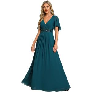 imageEverPretty Womens Chiffon ALine Ruched Short Sleeves Applique Waist V Neck Formal Dresses and Evening GownsTeal