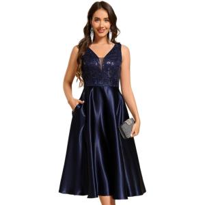 imageEverPretty Womens Satin Sequin Appliques A Line Midi Length Wedding Guest Dress with Pockets 02341Navy Blue