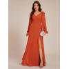 imageEverPretty Womens Elegant Double V Neck HollowedOut Long Sleeves High Waist Split Chiffon Formal Dress 80116Burnt Orange