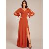 imageEverPretty Womens Elegant Double V Neck HollowedOut Long Sleeves High Waist Split Chiffon Formal Dress 80116Burnt Orange
