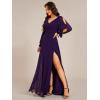 imageEverPretty Womens Elegant Double V Neck HollowedOut Long Sleeves High Waist Split Chiffon Formal Dress 80116Dark Purple