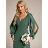 imageEverPretty Womens Elegant Double V Neck HollowedOut Long Sleeves High Waist Split Chiffon Formal Dress 80116Eucalyptus Green