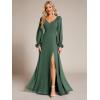 imageEverPretty Womens Elegant Double V Neck HollowedOut Long Sleeves High Waist Split Chiffon Formal Dress 80116Eucalyptus Green