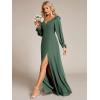imageEverPretty Womens Elegant Double V Neck HollowedOut Long Sleeves High Waist Split Chiffon Formal Dress 80116Eucalyptus Green