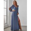 imageEverPretty Womens Elegant Double V Neck HollowedOut Long Sleeves High Waist Split Chiffon Formal Dress 80116Haze Blue