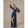 imageEverPretty Womens Elegant Double V Neck HollowedOut Long Sleeves High Waist Split Chiffon Formal Dress 80116Navy Blue