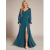 imageEverPretty Womens Elegant Double V Neck HollowedOut Long Sleeves High Waist Split Chiffon Formal Dress 80116Teal