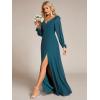 imageEverPretty Womens Elegant Double V Neck HollowedOut Long Sleeves High Waist Split Chiffon Formal Dress 80116Teal