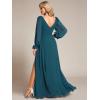 imageEverPretty Womens Elegant Double V Neck HollowedOut Long Sleeves High Waist Split Chiffon Formal Dress 80116Teal
